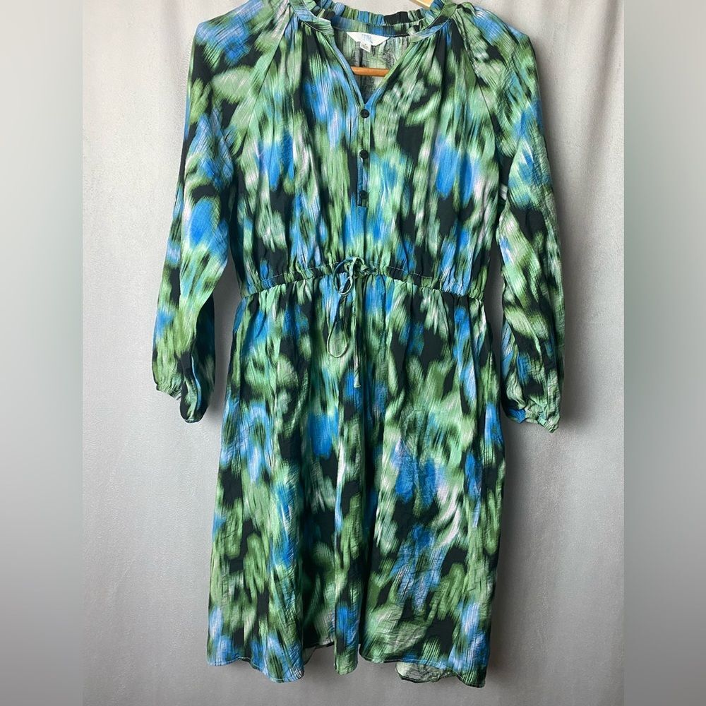 Boho Chic Ruffle Neck Mini Dress Party Green /Blue Patterned Mini Dress S
